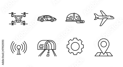 Linear transport and technology icons: drone, car, space shuttle, plane, signal, tunnel, gear, map