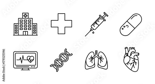Simple medical line art: hospital, cross, syringe, capsule, heartbeat, dna, lungs, heart