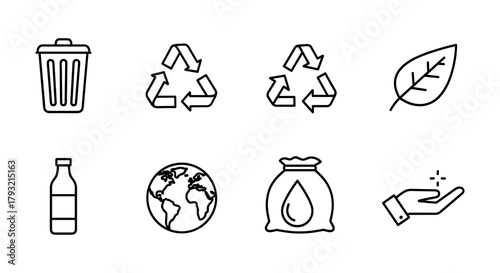 Eco-friendly icons set featuring recycling, earth, and sustainability symbols