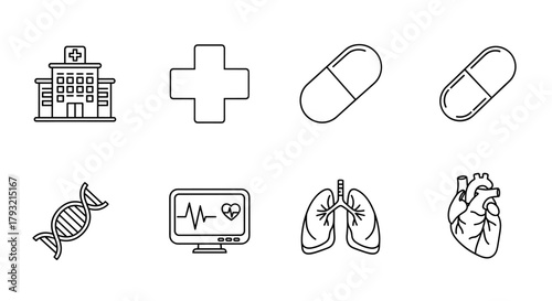 Minimalist medical icons collection: hospital, health, and medicine symbols