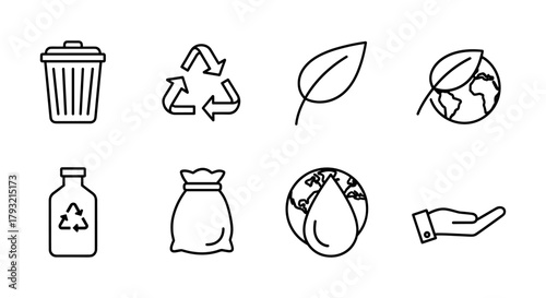 Eco-friendly icons: recycling and sustainability line art symbols