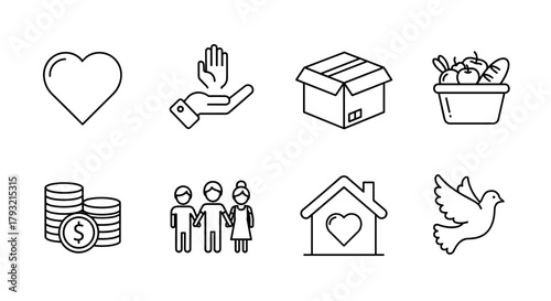 Minimalist charity and community icons set: heart, hand, donation, home, people, bird