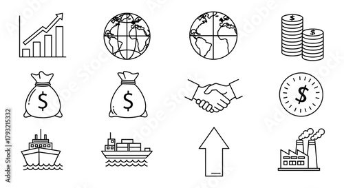 Line art icons: finance, economy, and global trade symbols in modern style