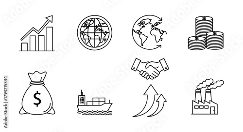 Business growth and global trade linear icons set