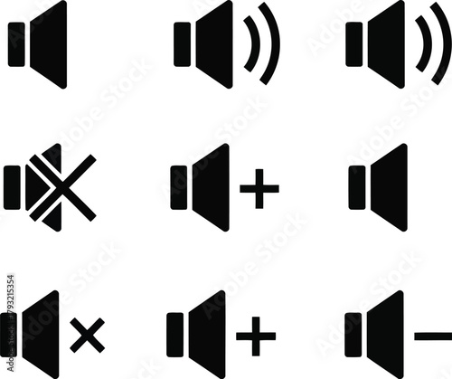 Black speaker volume sound audio control ui icons set - mute, increase, decrease, adjust