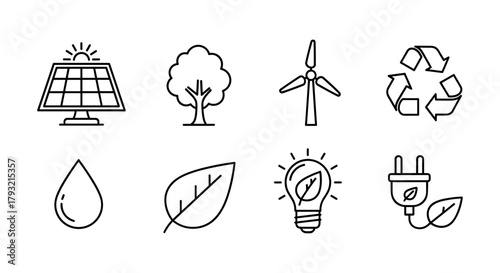 Sustainable energy and ecology icons in minimalist line art style