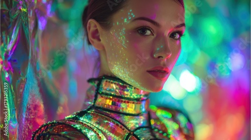A model poses against a backdrop of bright shimmering lights that create a surreal atmosphere.