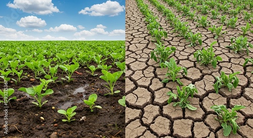 Crop comparison: Healthy vs. drought-affected plants agriculture crops farming climate change environment soil dry field land nature