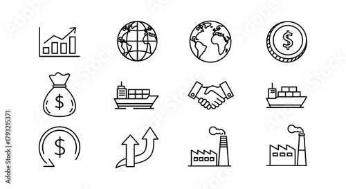 Simple linear icons of global economy and industrial growth