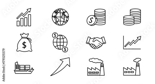 Global business and finance icons in simple black outline style