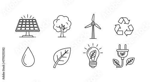 Eco-friendly icons: renewable energy, recycling, and nature in linear style