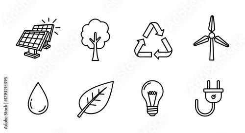 Eco-friendly icons collection: solar, tree, recycling, wind, water, leaf, light bulb, plug