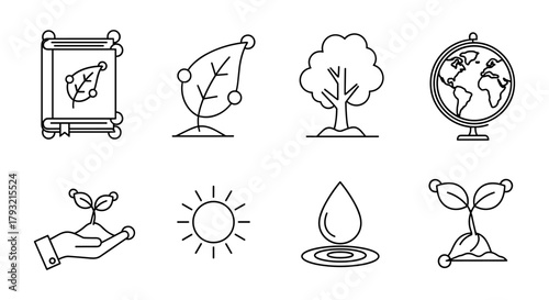 Minimalist nature and ecology icons set: trees, earth, and growth symbols
