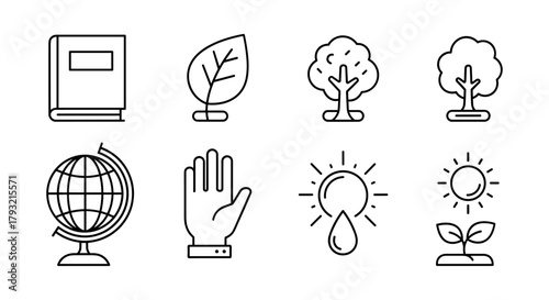 Eco-friendly education icons: linear school and nature symbols