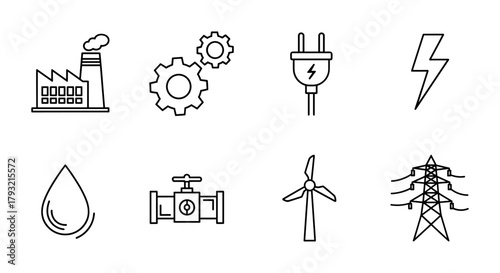 Industrial and energy icons set featuring renewable and traditional power sources