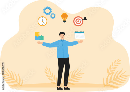 Multitasking or project management and task or work efficiency, productivity or time management and balancing work responsibilities, productive man with many hands handling multitasking work.

