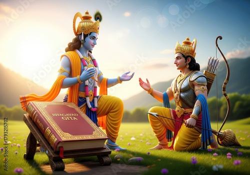 Bhagavad Gita Book Held by Krishna. Elegant 3D Render Gita Jayanti Design.