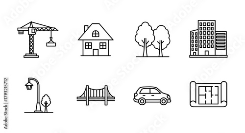 Urban and construction line icons: architecture, transportation, and infrastructure