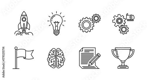 Business and innovation icons: startup, technology, and success concepts
