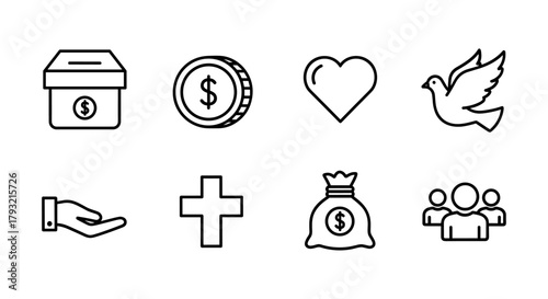 Charity and donation icons set: money, heart, dove, helping hand, cross, community symbols