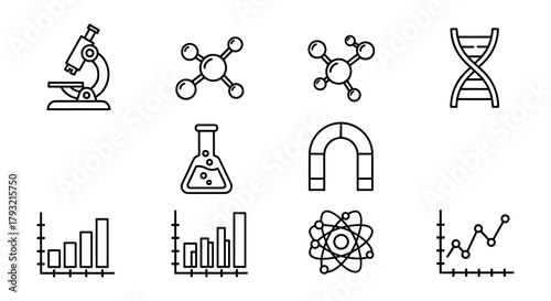 Science icons set featuring laboratory equipment and graphs in linear style