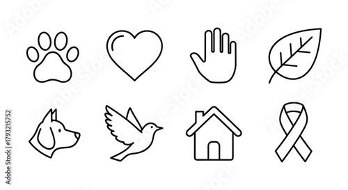 Minimalist icon set featuring heart, hand, leaf, and more in linear style