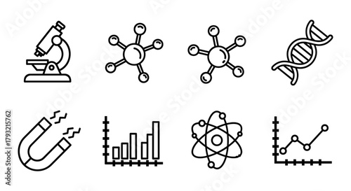 Science icons: microscope, dna, atom, graphs in linear style for education and research