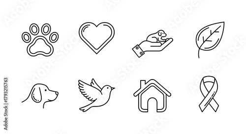 Minimalist line art icons: animal, nature, and charity concepts collection