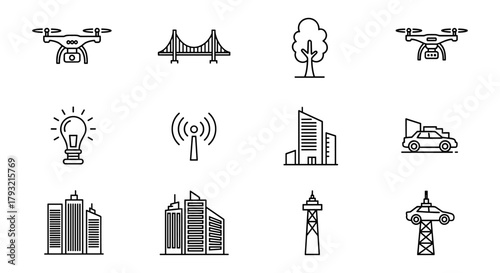 Minimalist linear icon set: drones, bridges, trees, buildings, and technology