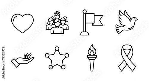 Diverse unity symbols collection featuring heart, dove, ribbon, and more in linear style