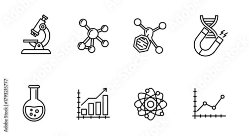 Science line icons with microscope, molecule, dna, and analysis charts