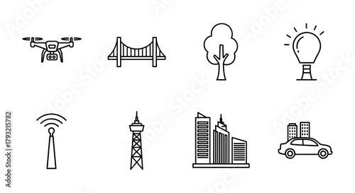 Minimalist urban icons: technology, architecture, and nature outlines for modern design