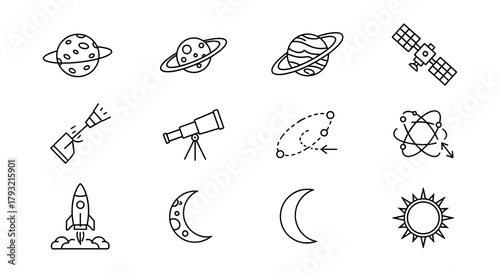 Space exploration icons set featuring planets, moon phases, telescope, rocket, and satellite in linear style
