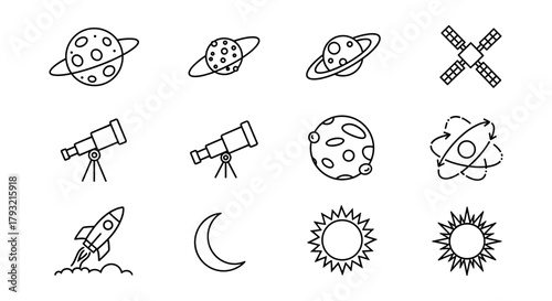 Space exploration icons: planets, telescopes, rockets, and celestial symbols