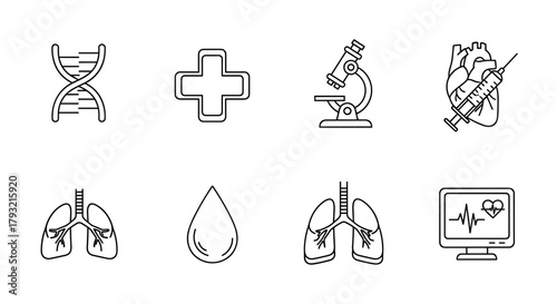 Medical icons: dna, microscope, lungs, heartbeat monitoring in minimalist style