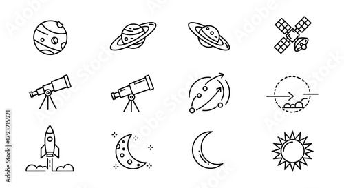 Space exploration icons set featuring planets, telescope, rocket, and celestial elements in linear style