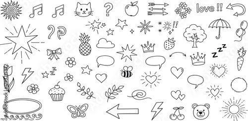 Whimsical Hand-Drawn Doodle Collection of Diverse Line Art Elements, Ideal for Creative Design Projects, Decorative Embellishments, and Playful Illustrations