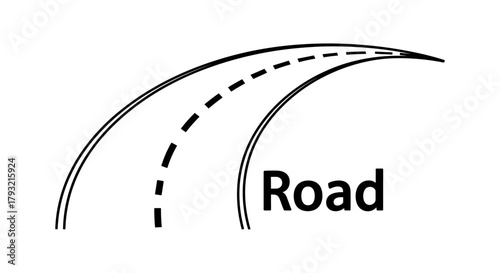 Curved road icon with dashed line in black and white minimalist style