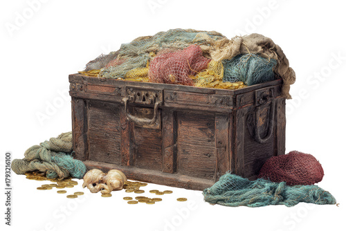 Antique wooden chest overflowing with fishing nets and treasure