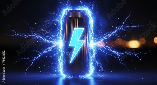 Energy drink can surrounded by electric blue lightning and sparks