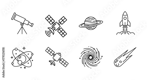 Space exploration icons set featuring telescope, satellite, planet, rocket, atom, galaxy, comet