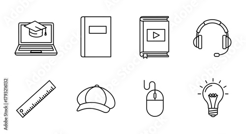 Outline education icons set: technology, learning, and creativity symbols