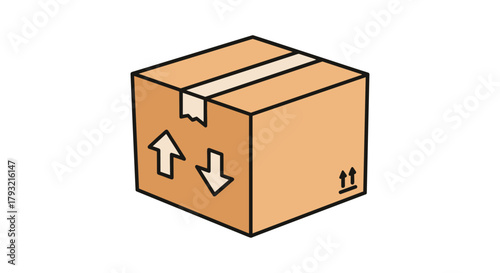 Colorful isometric cardboard box icon with shipping symbols