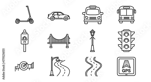 Urban transportation and infrastructure icons in linear style