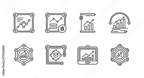 Linear style data analysis and growth trend icons set for business graphics