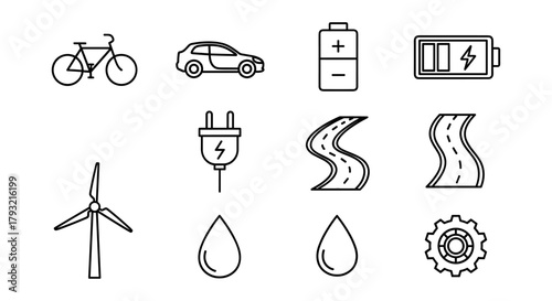 Sustainable transport icons: electric vehicles, charging, renewable energy, linear style