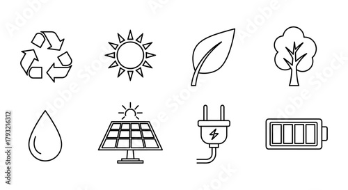 Eco-friendly icons: renewable energy and nature symbols in linear style