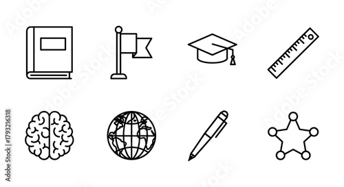 Education icons: book, flag, graduation cap, ruler, brain, globe, pen, network