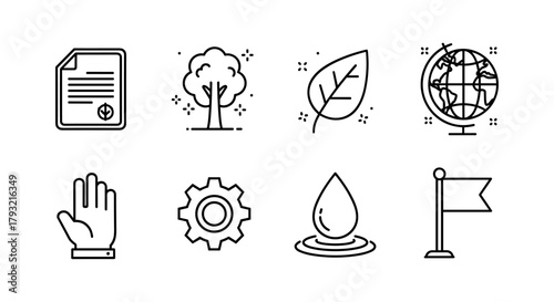 Linear eco icons with tree, leaf, globe, document, hand, gear, water drop, flag