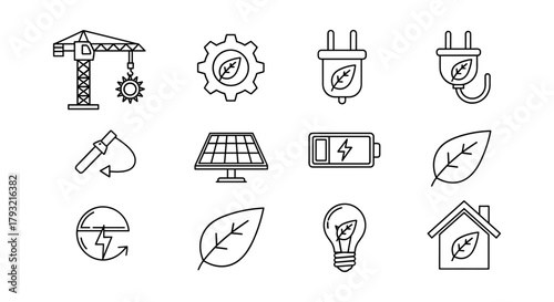Linear eco icons set: renewable energy, solar, battery, leaf, sustainable tech
